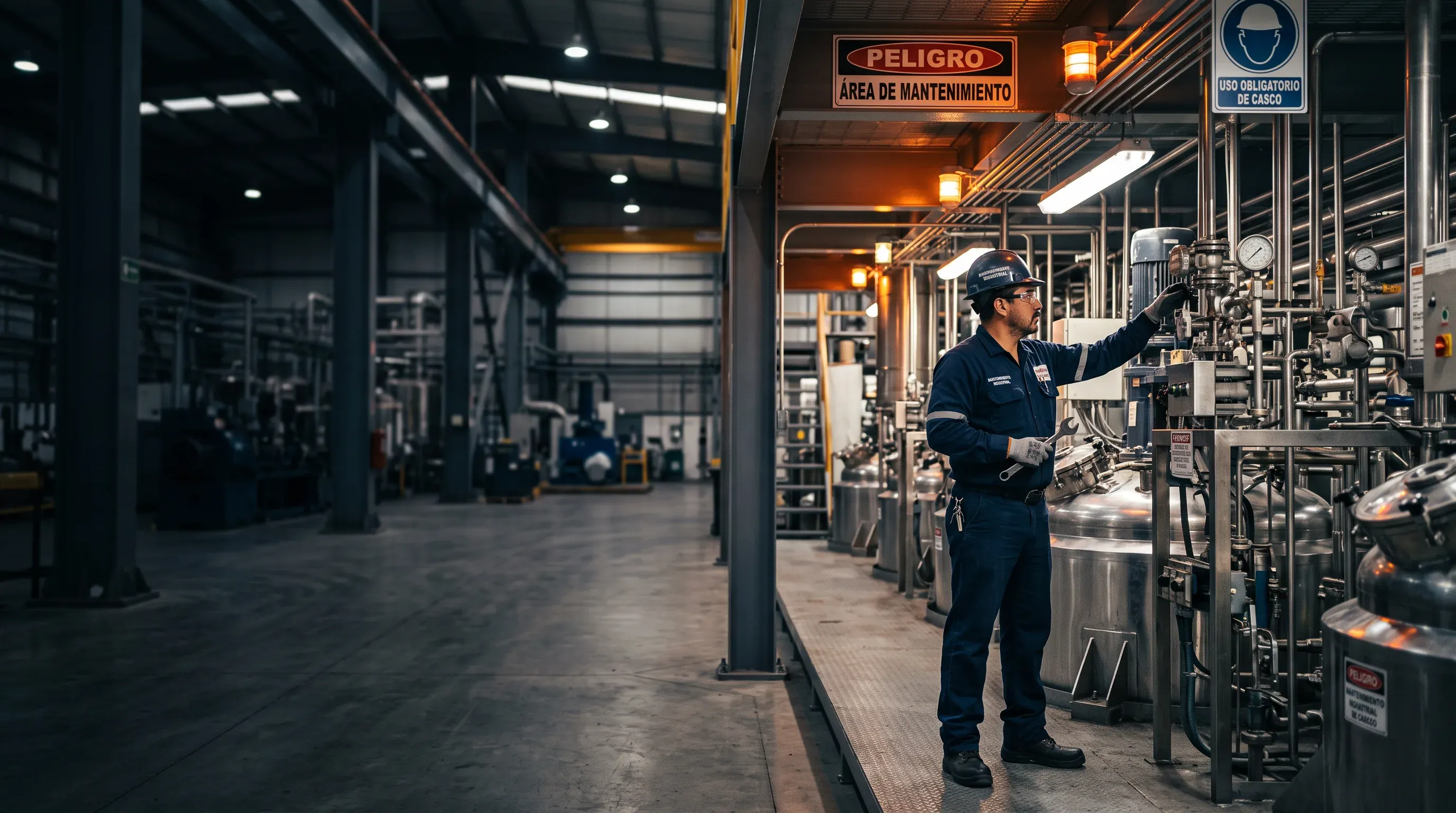 Técnico de mantenimiento inspeccionando equipo en una planta industrial